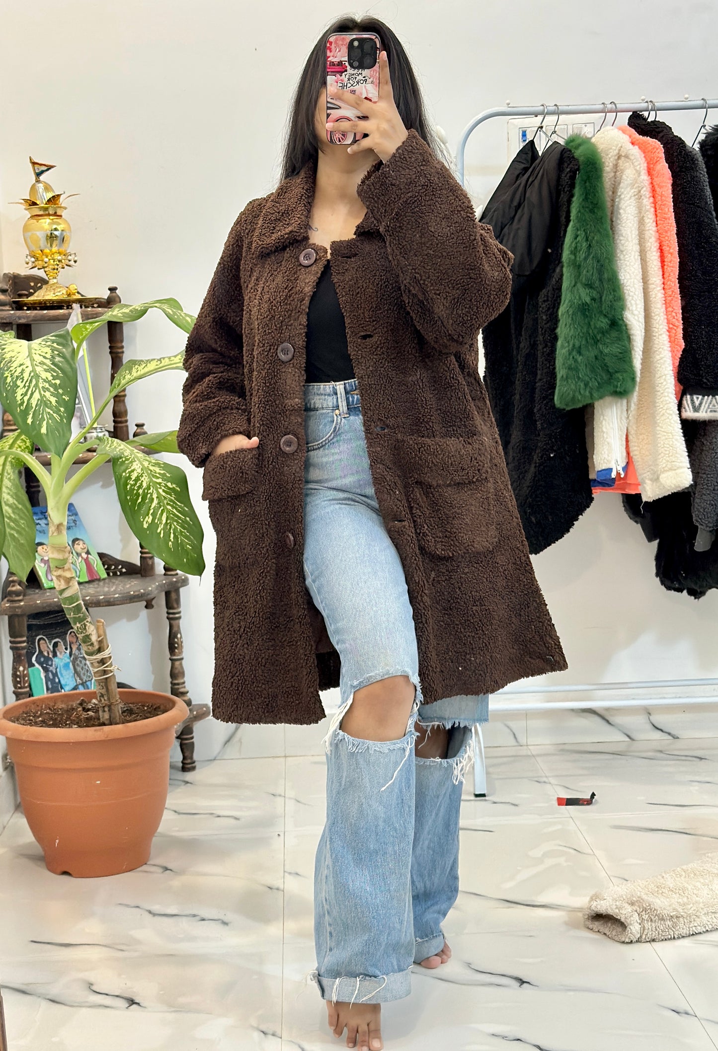 Brown furr long jacket (42-44)