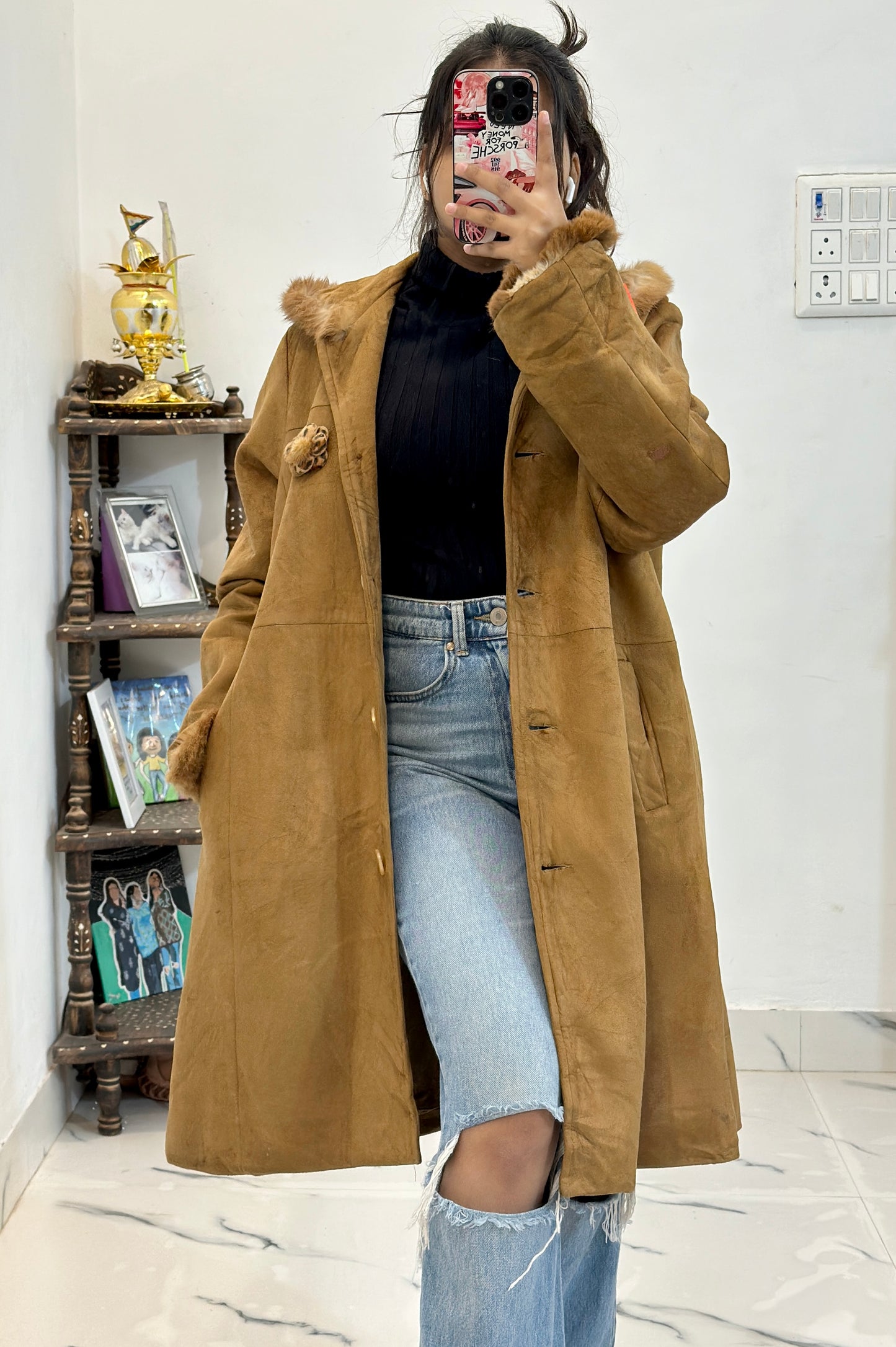 Suede leather Furr long coat (40-42)