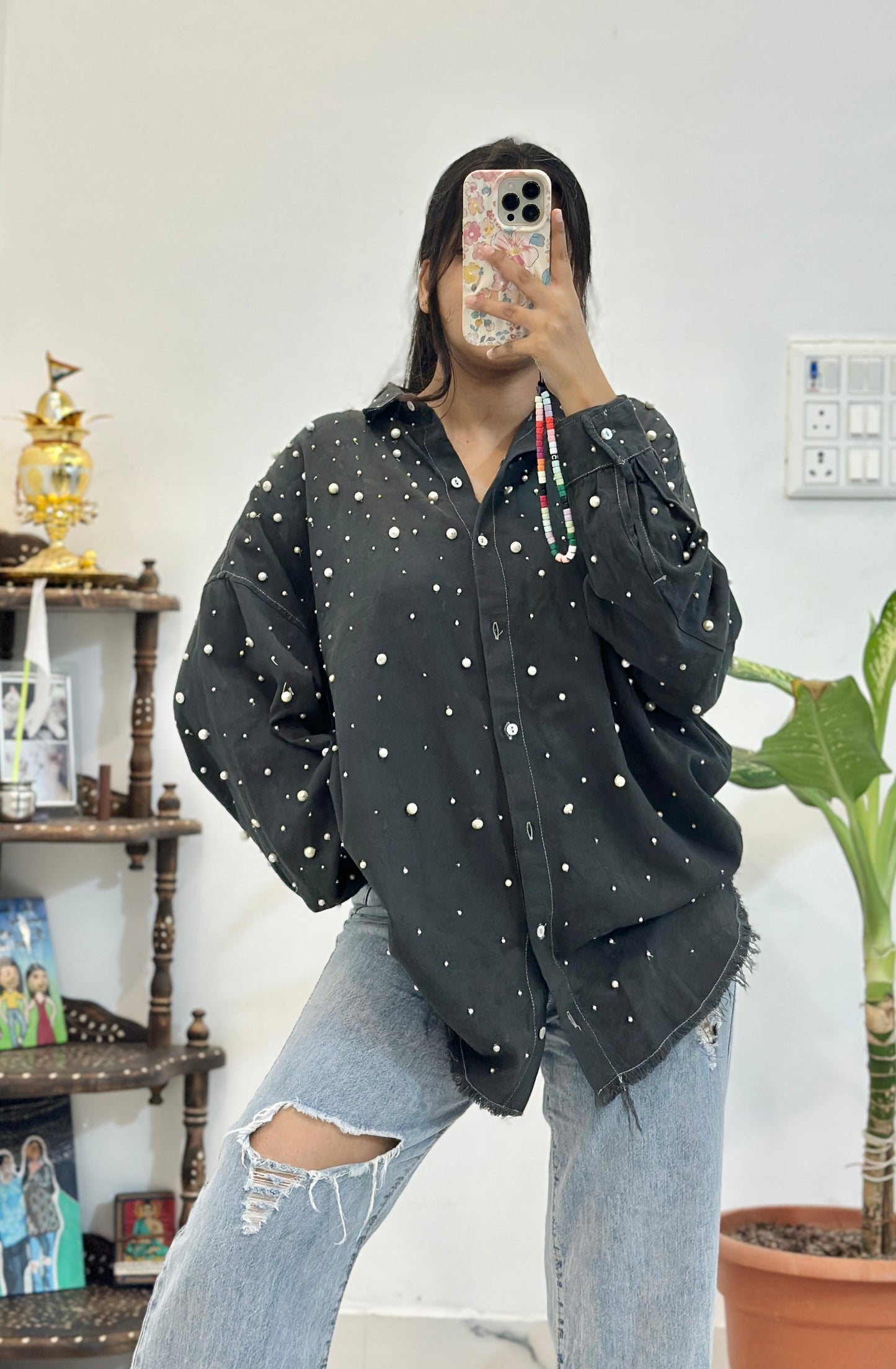 Oversized pearl denim shirt (46-48)