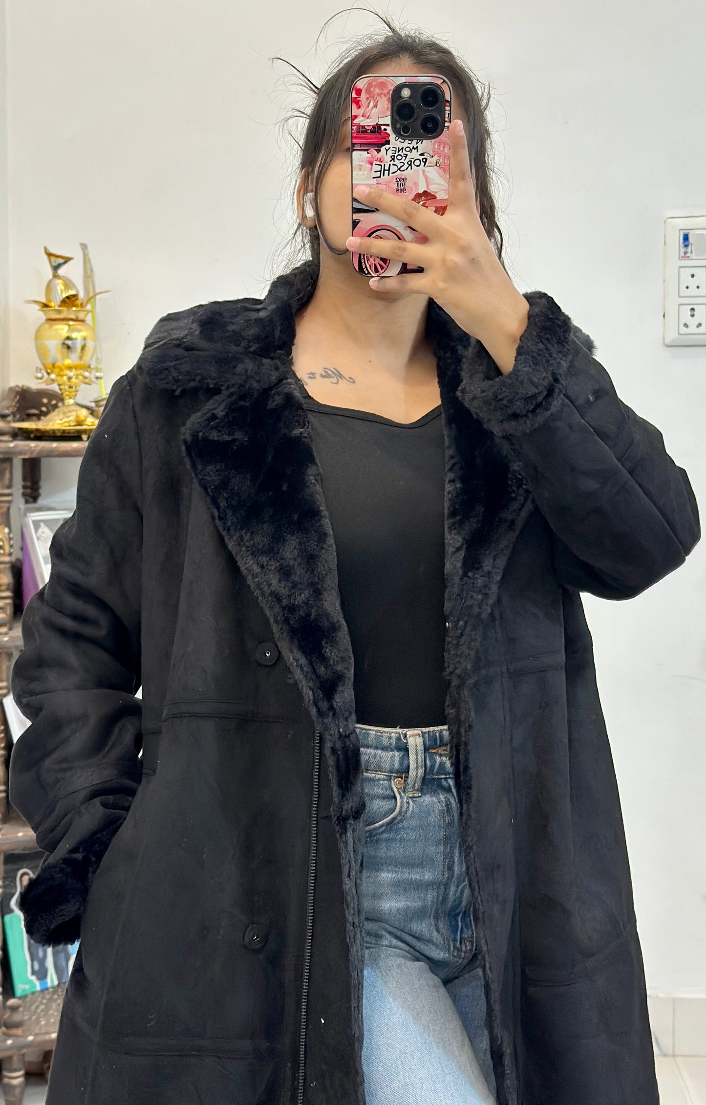 Long leather fleece coat (36-38)