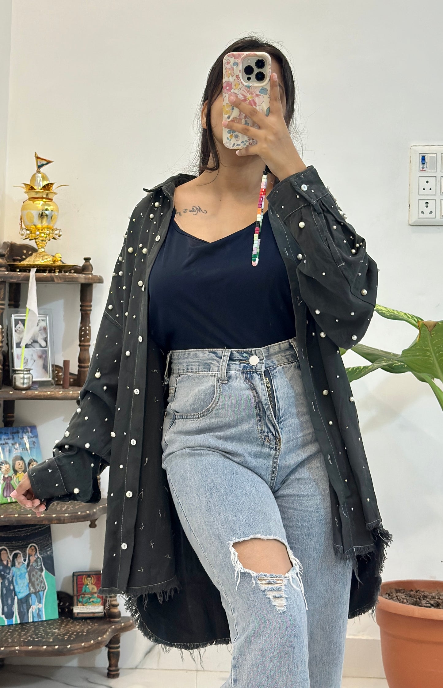 Oversized pearl denim shirt (46-48)