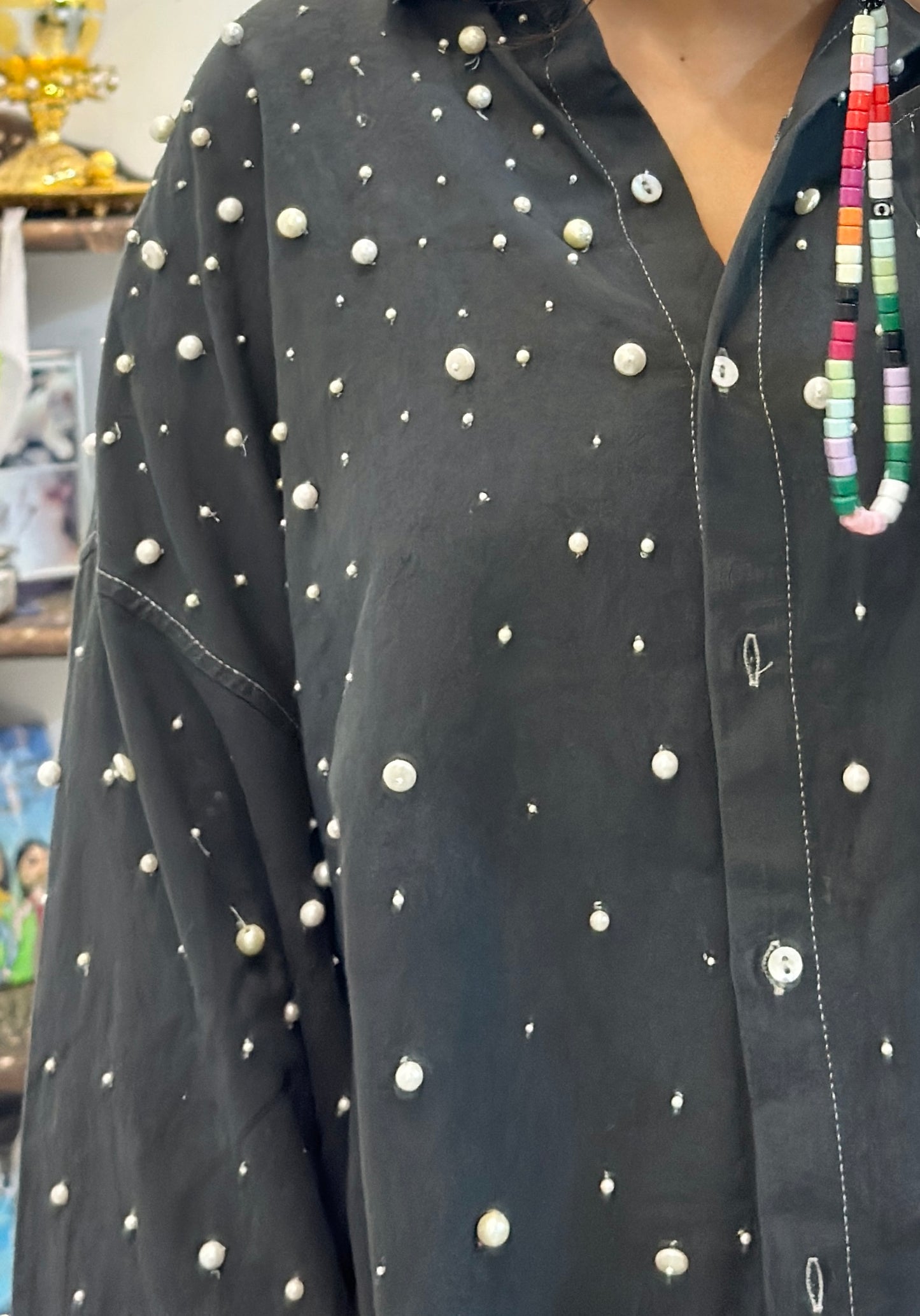Oversized pearl denim shirt (46-48)
