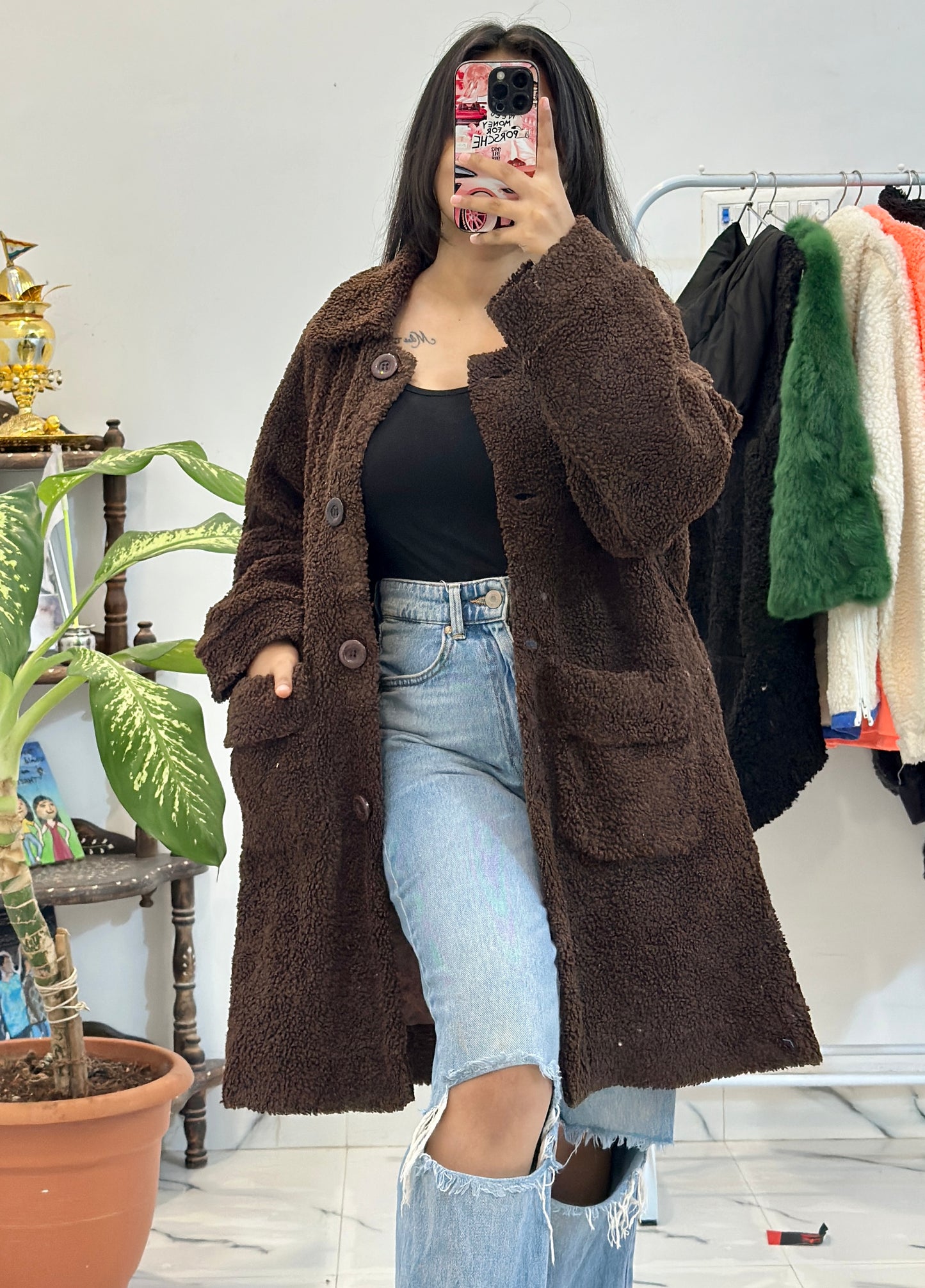 Brown furr long jacket (42-44)