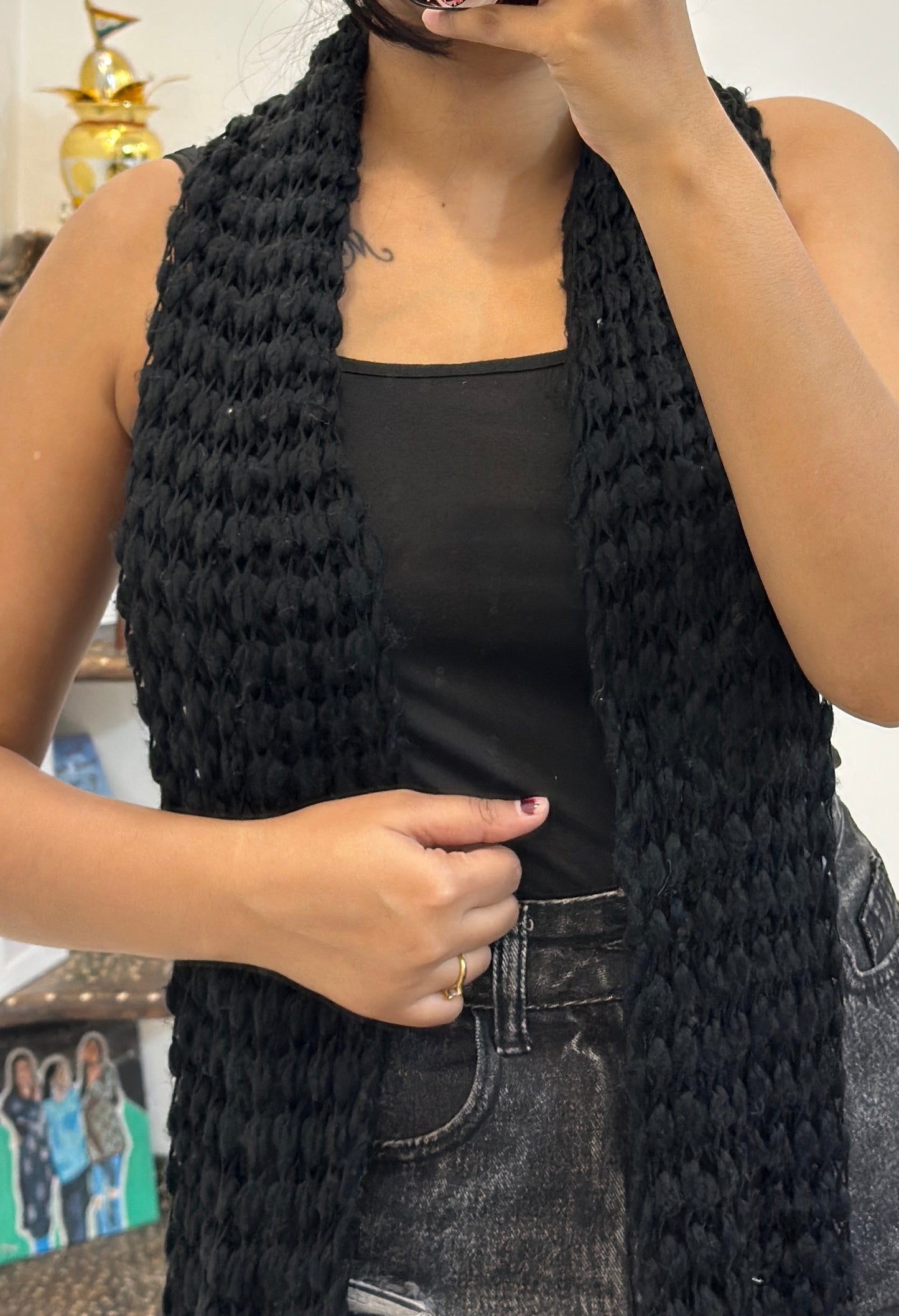 Black Long coat with crochet scarf (46-48)