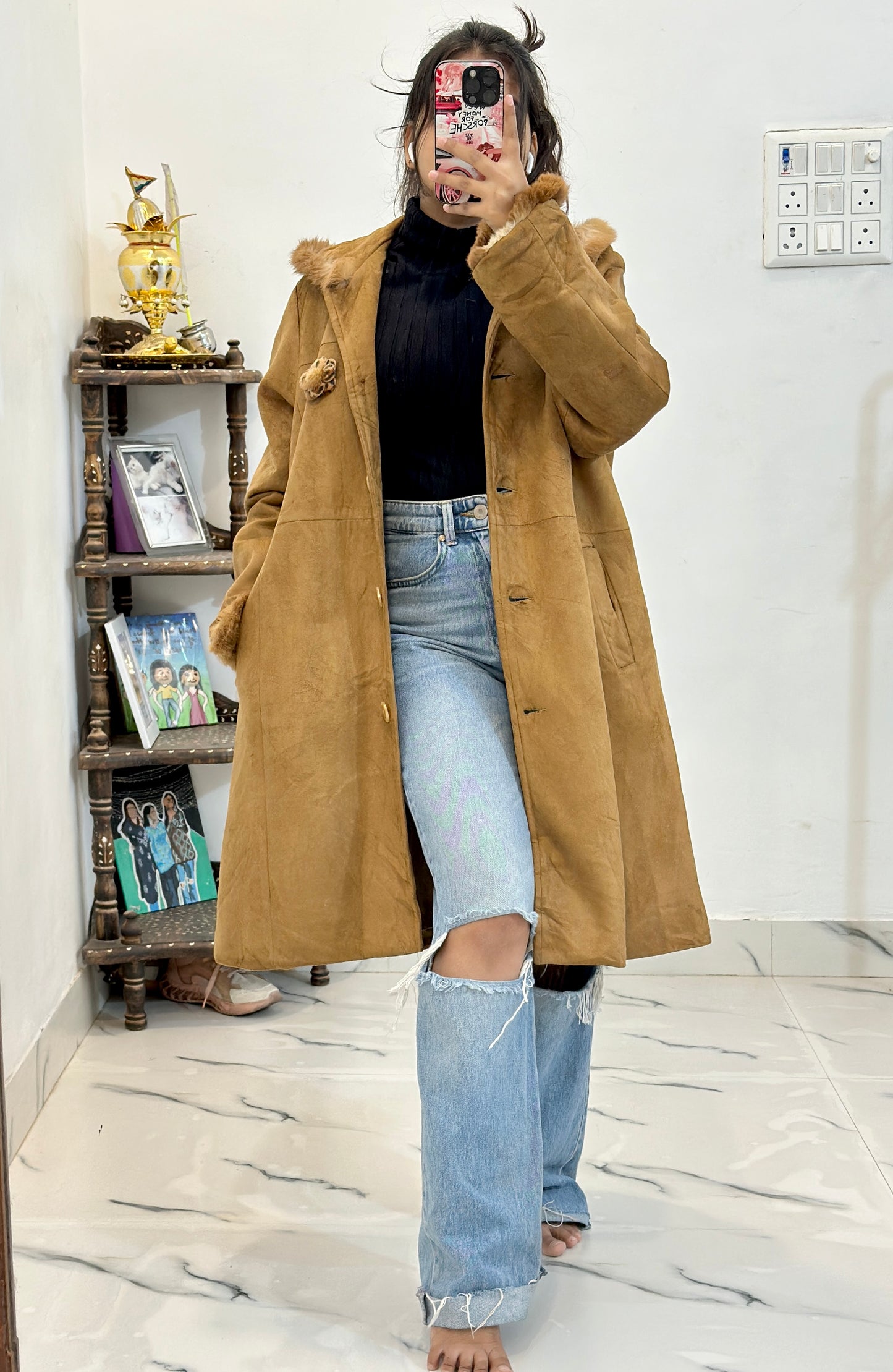 Suede leather Furr long coat (40-42)