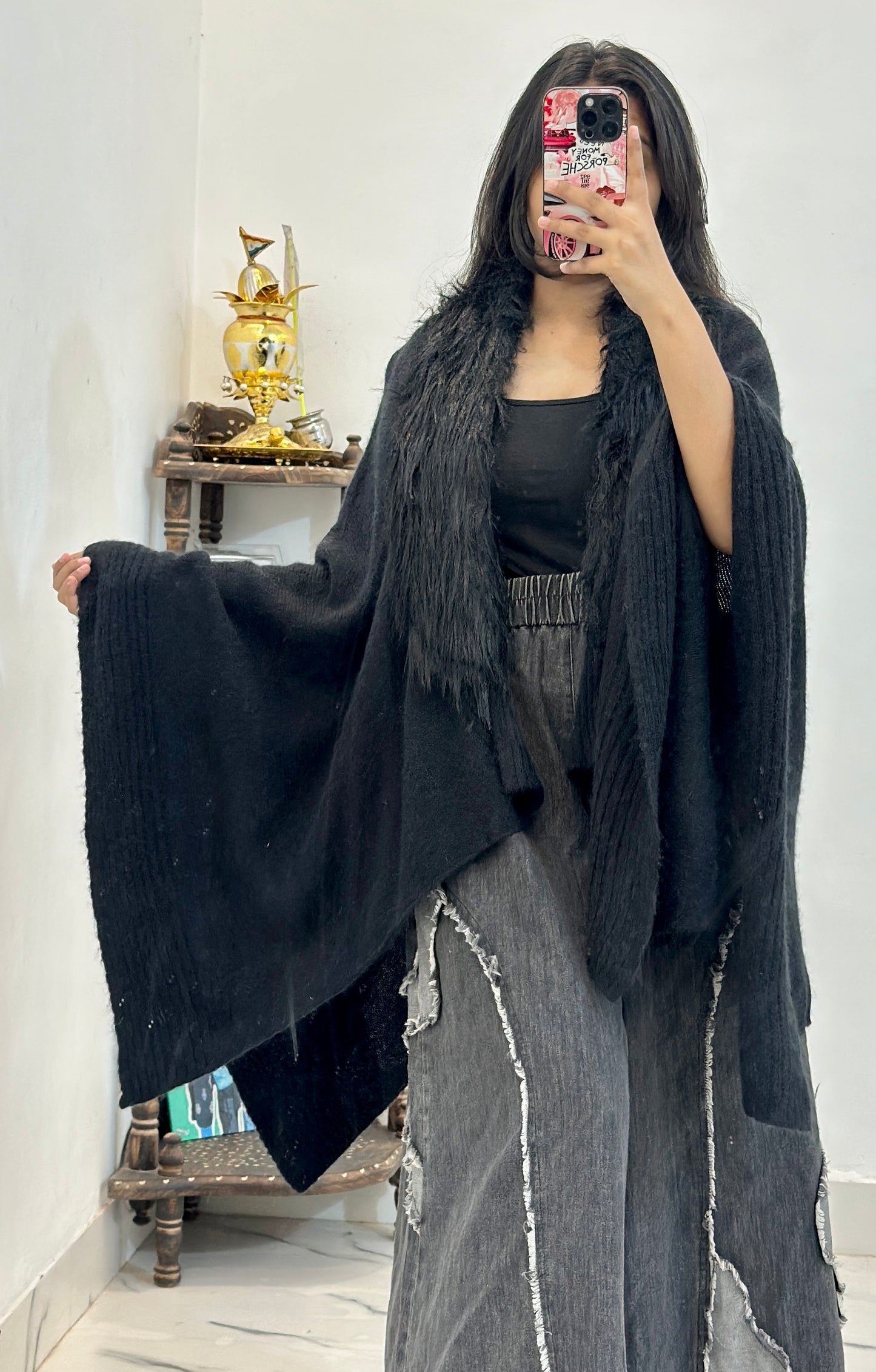 Black woollen cape shawl