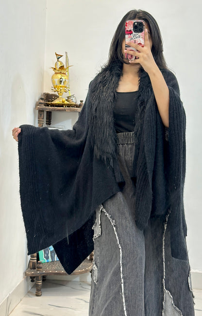 Black woollen cape shawl