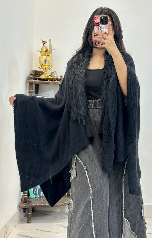 Black woollen cape shawl