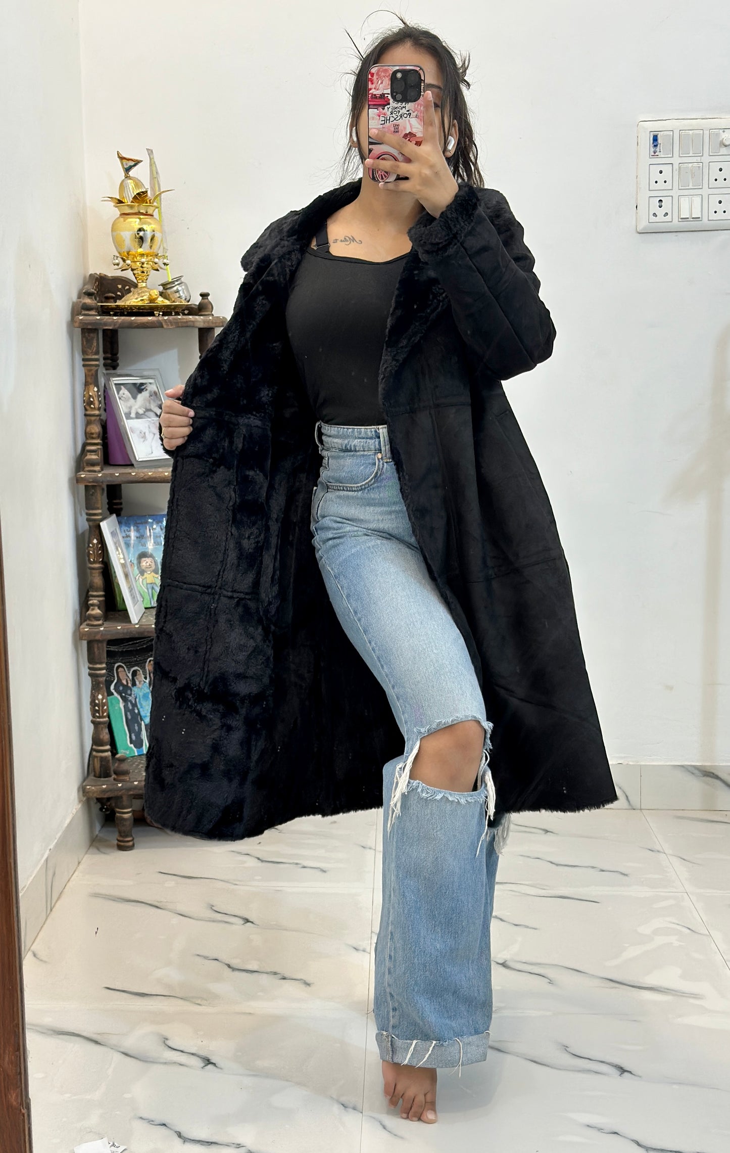 Long leather fleece coat (36-38)