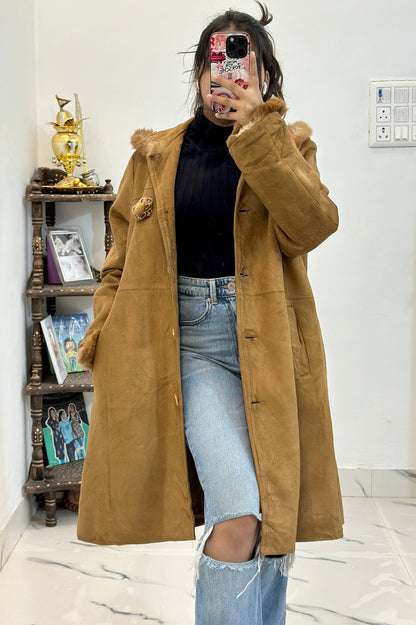 Suede leather Furr long coat (40-42)