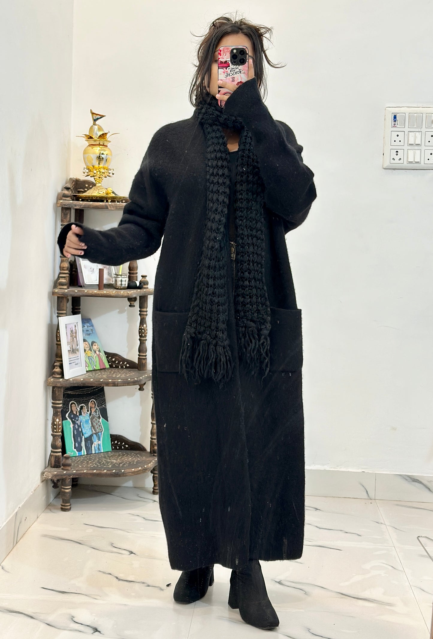 Black Long coat with crochet scarf (46-48)