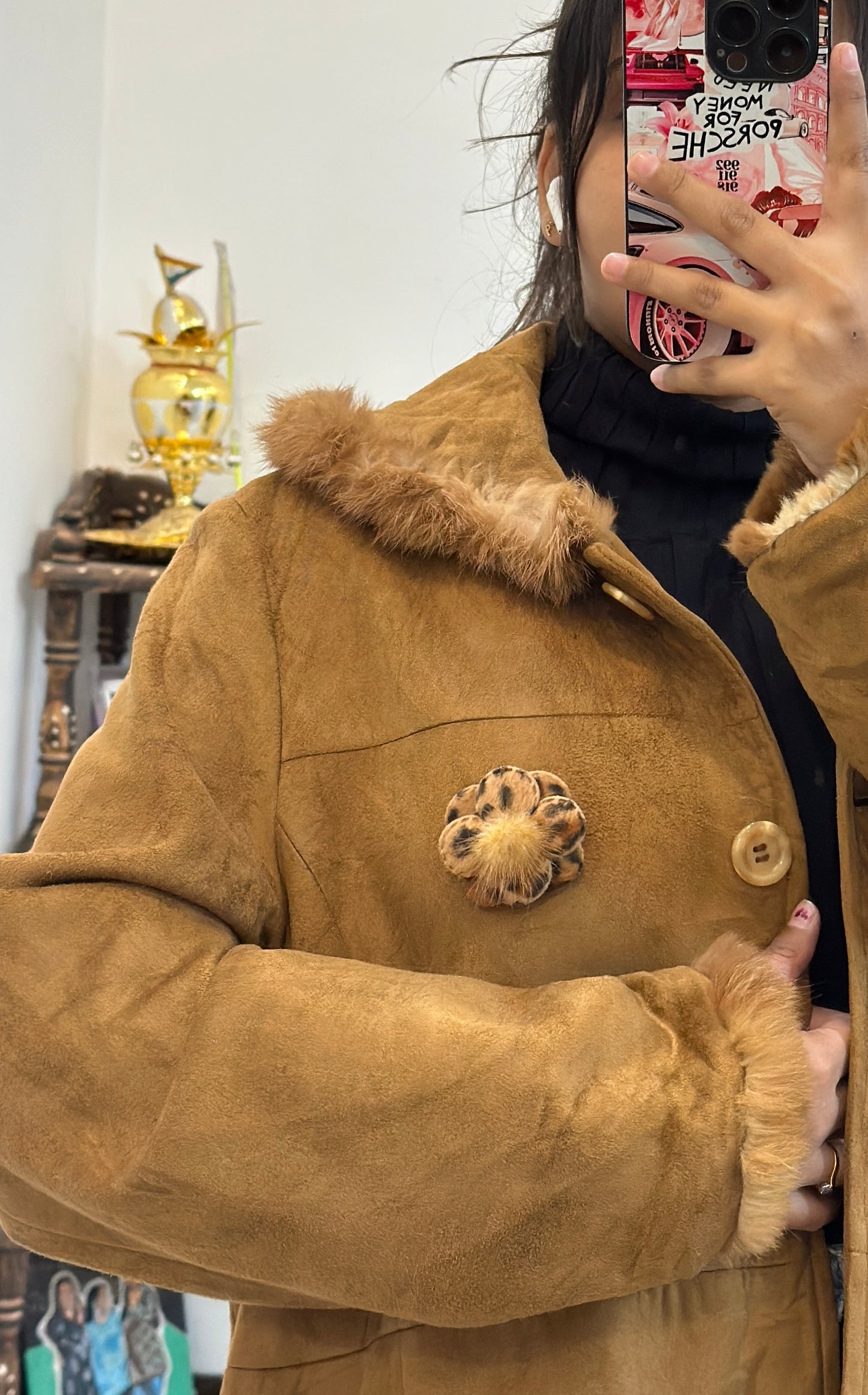 Suede leather Furr long coat (40-42)