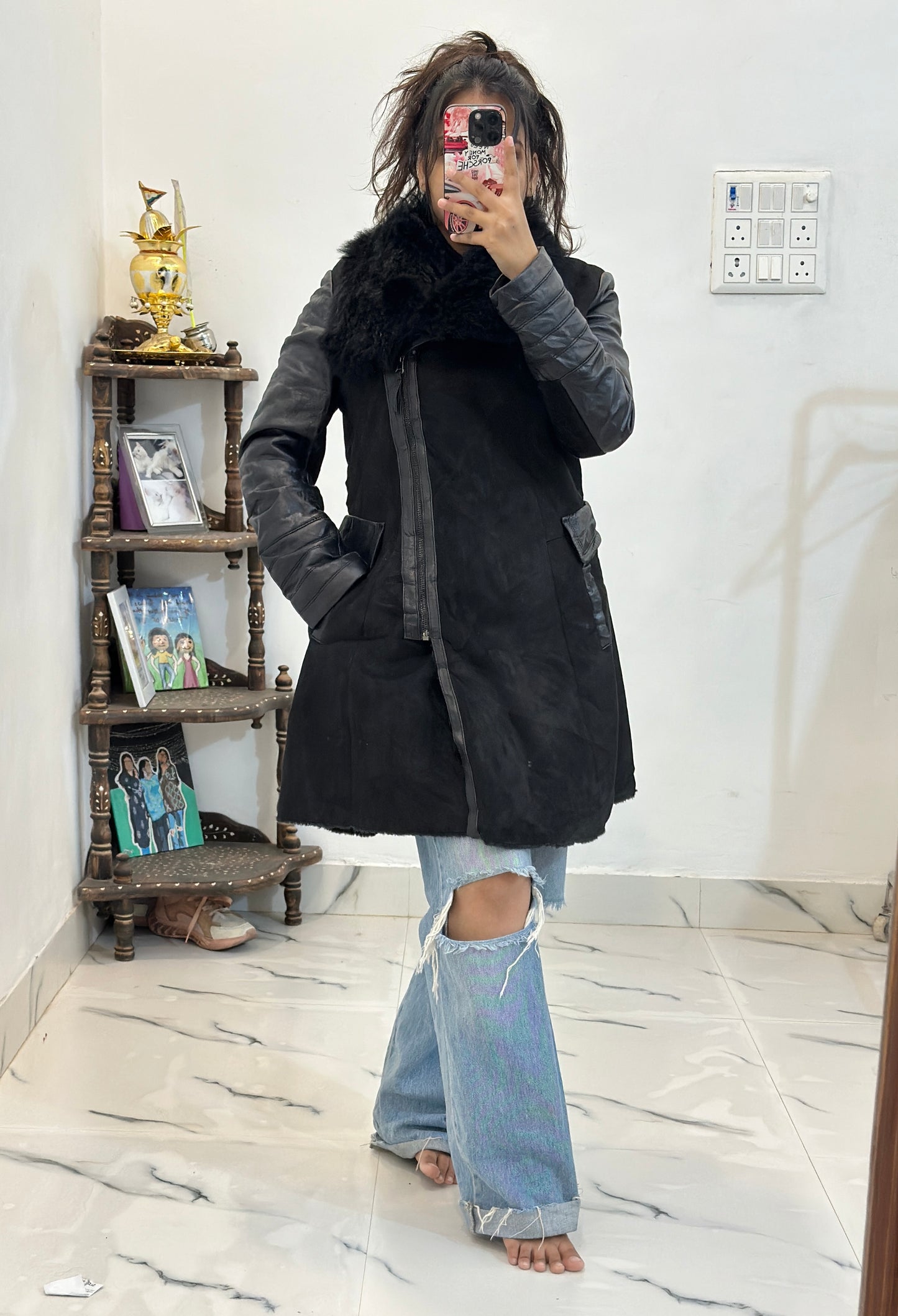 Long furry leather coat (34-36 S/M)