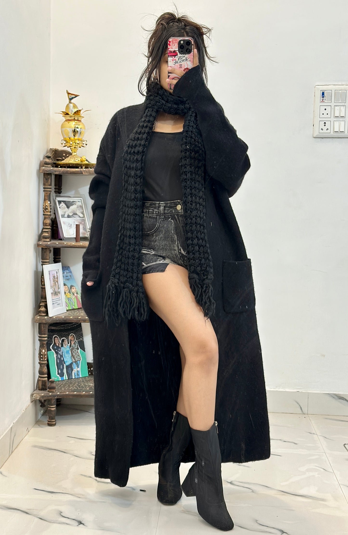 Black Long coat with crochet scarf (46-48)