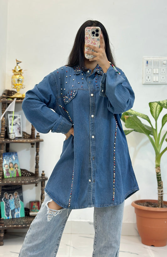 Denim oversized pearl shirt (42-44)