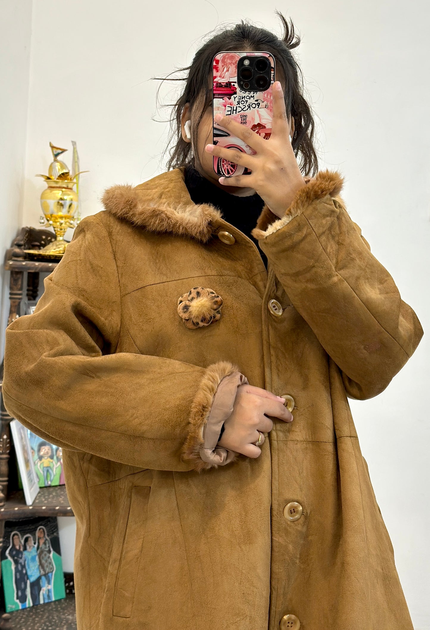 Suede leather Furr long coat (40-42)