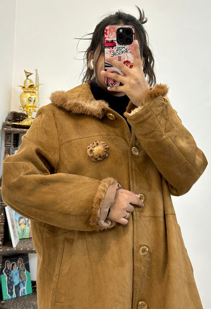 Suede leather Furr long coat (40-42)