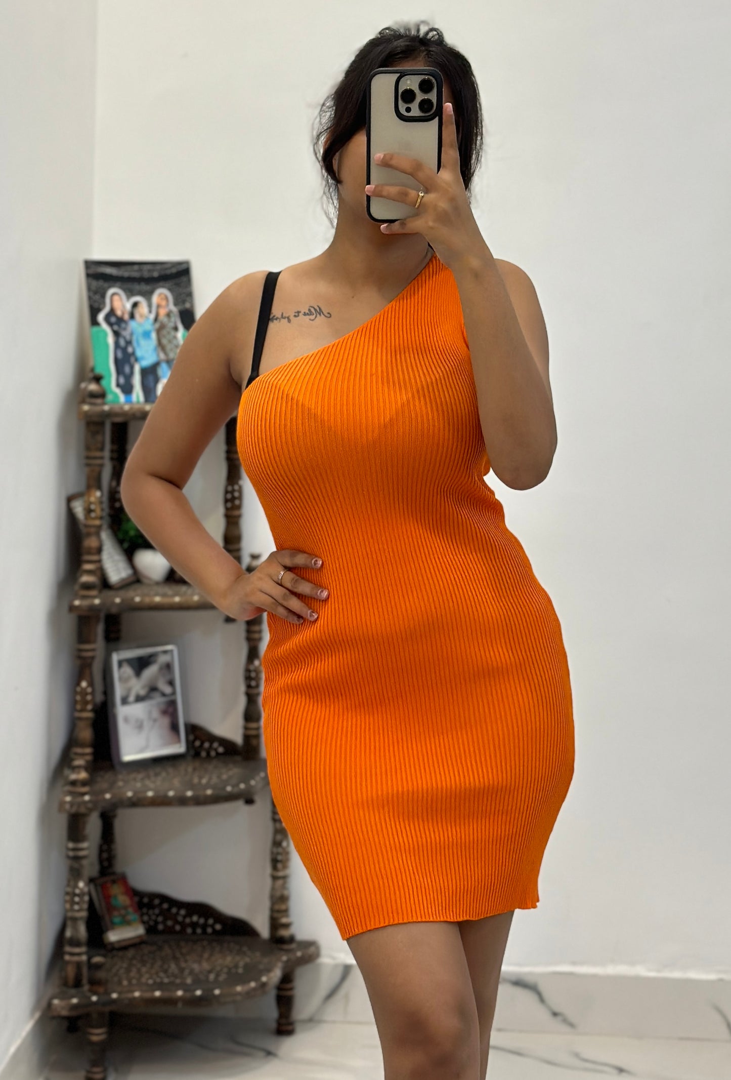 Orange off shoulder knitted dress