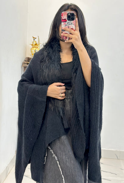 Black woollen cape shawl